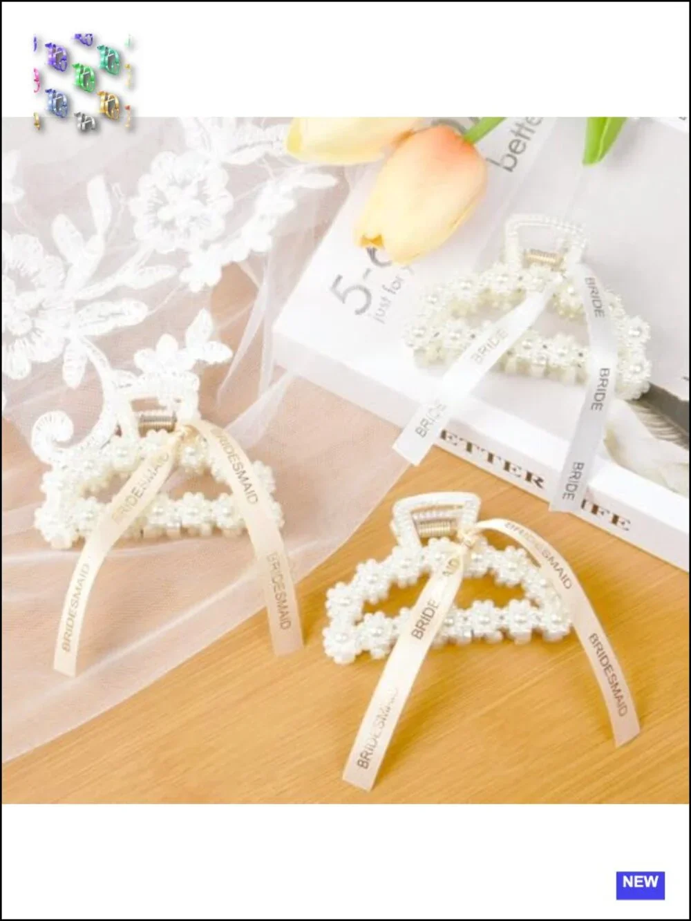 8 Pack Pearl Hair Claw Clips with Ribbon Bridesmaid Proposal Gifts